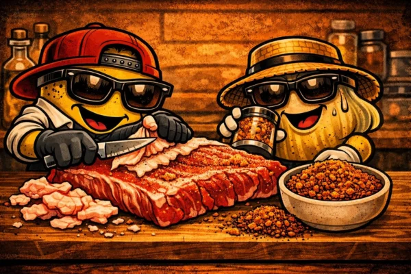 Cartoon OSF characters trimming brisket fat on a wooden board beside a bowl of BBQ rub, showing that rubs are applied after trimming.