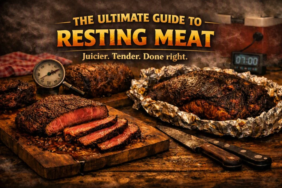 Cinematic OSF hero image showing steak and brisket resting on a wooden board with foil and thermometer.