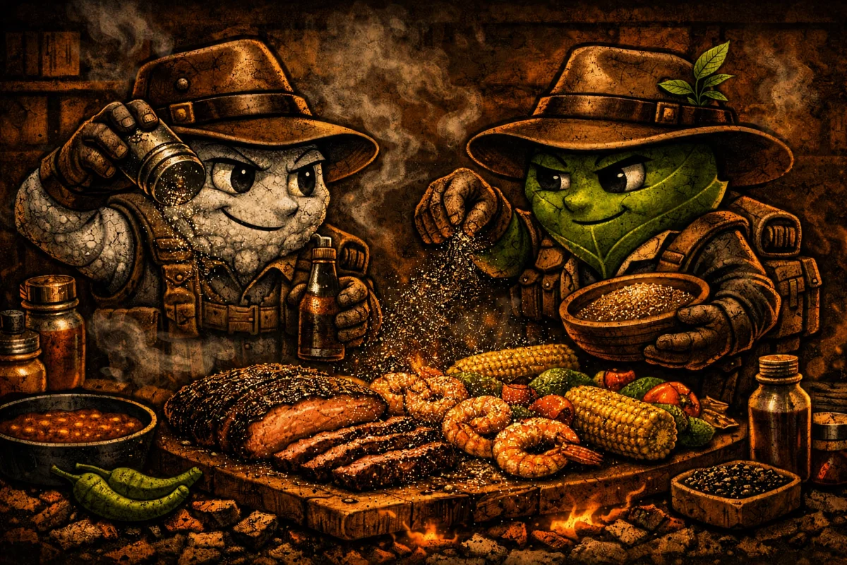 Anthropomorphic mushroom and leaf characters seasoning grilled food over a fire to illustrate how finishing dust adds flavour at the end of cooking.