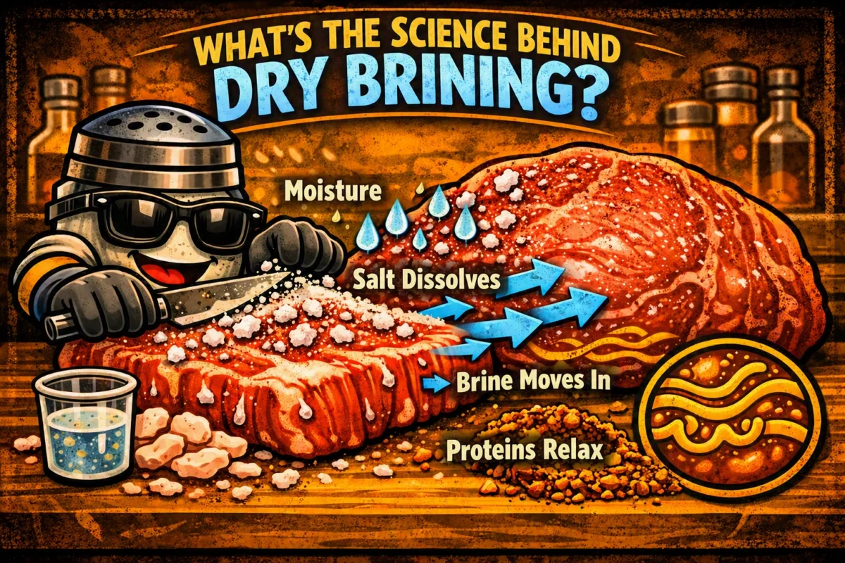 OSF cartoon characters demonstrating the science of dry brining, showing salt drawing moisture from meat, dissolving, and moving inward to restructure proteins.
