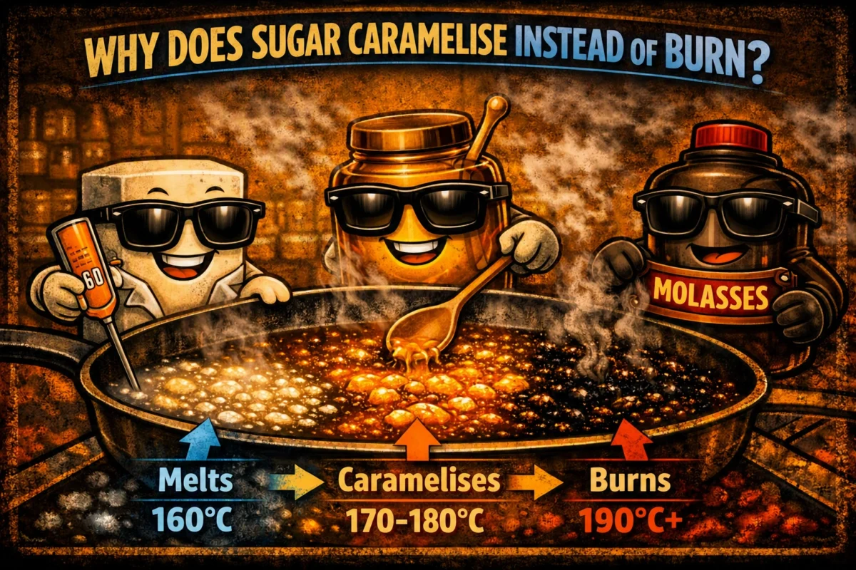 OSF cartoon characters demonstrating sugar caramelisation stages — melting, caramelising, and burning — with labelled temperature zones.